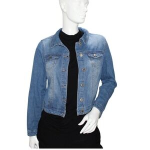 BETA HOUSE Womens Blue Denim Jacket Size S Cropped Trucker Style